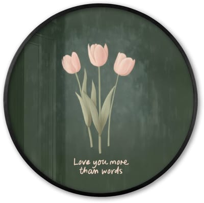 Poster in lijst Rond - Fotolijst 60x60 cm - Posters - Tulpen - Roze - Tekst - Love - Ronde posterlijst zwart - Decoratie - Wanddecoratie woonkamer - Muurdecoratie slaapkamer