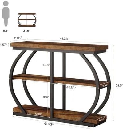 OKWISH Consoletafel – 3 Niveaus Opbergruimte – Voor Hal Woonkamer Of Tv-Hoek – Metaal En Hout Bruin – 105x24x80 cm
