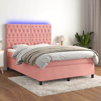 vidaXL - Boxspring - met - matras - en - LED - fluweel - roze - 140x190 - cm