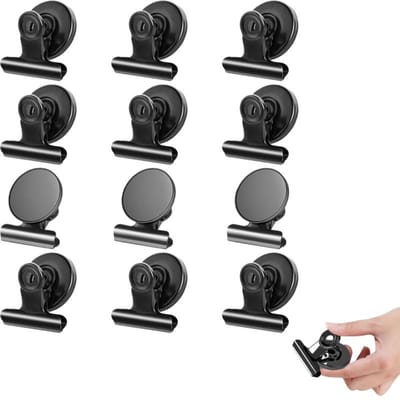 12 stuks - Sterke koelkastmagneetclips - Krachtige Magnetische Clips - met krasbestendige kleefpads - Whiteboardmagneten Clips - Muurmagneetclips - voor thuis, kantoor, school - Robuuste displaypapierhouders - Zwart - 31×40mm