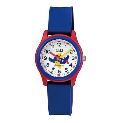 Q&Q VS59J009Y - Horloge - Sport - Analoog - Kinderen - Unisex - Plastic band - Rond - Kunststof - Cijfers - Vliegtuig - Donkerblauw - Rood - Wit - 10 ATM