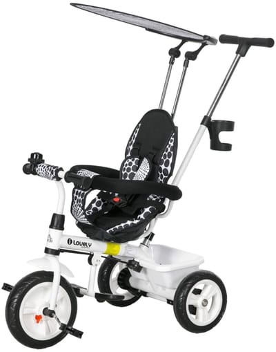 Wit Afmetingen 105 x 47 x 98 cm 6-in-1 driewieler met duwstang en dak, 5-puntsveiligheidsgordel en opbergmand, geschikt voor 1–5 jaar, comfortabel en veilig ontwerp met verstelbare ouderstang en grote wielen voor soepele ritten