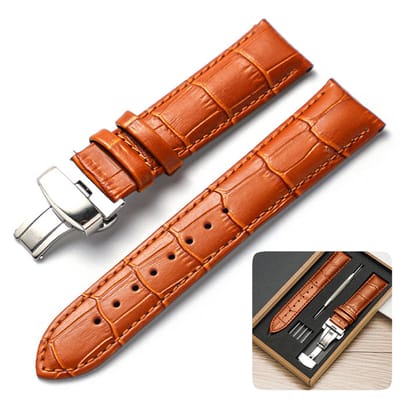 Qelus Universeel Horlogebandje Vintage - Echt Leer en Vlinder Sluiting (Makkelijk te Verwisselen) - Geschikt voor Smartwatches & Horloges - Verpakt in Cadeaudoos - Lichtbruin - 18mm