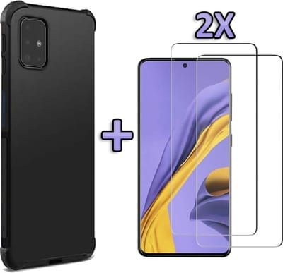 HB Hoesje Geschikt voor Samsung Galaxy A51 - Anti Shock Hybrid Back Cover + 2X Glazen Screenprotector - Zwart