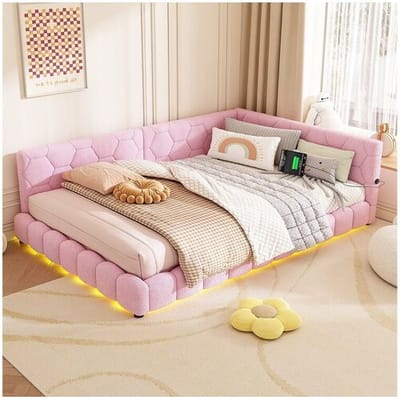 Merax Gestoffeerd bed 140 x 200 cm met hoofdeinde voor volwassenen - LED's + USB-poort - Pluche stof - Roze