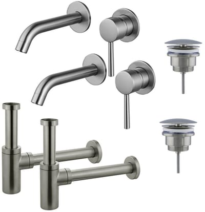 FugaFlow Eccelente Sobrado Badkamer Slim Wastafelkraanset - voor dubbele wastafel - inbouw wastafelkraan - always open plug - design sifon - PVD Geborsteld RVS -