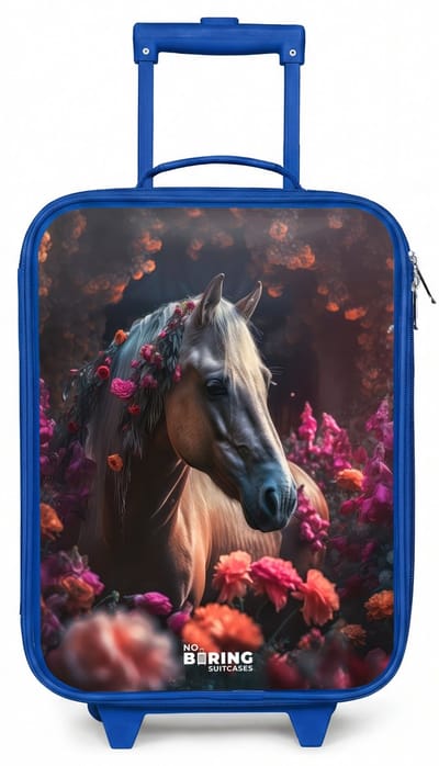 NoBoringSuitcases.com® - Kinderkoffer blauw - Kindertrolley jongen - Goudbruin paard tussen de bloemen - Koffer kind lichtgewicht - Reiskoffer trolley voor kinderen - Koffertje met lichtgevende wieltjes - Rolkoffer
