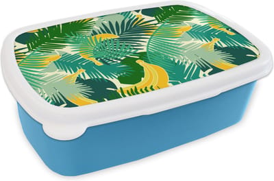 Broodtrommel Blauw - Lunchbox - Brooddoos - Tropisch - Bladeren - Jungle - Patronen - 18x12x6 cm - Kinderen - Jongen