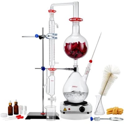 VEVOR Destillatiekit voor Etherische Olie, Destillatieapparaat Van 2000 Ml, 3.3 Boro-Destillatiekit Van Laboratoriumglas met 1000 W Verwarmingsplaat En 24, 40 Aansluitingen, 28-Delige Set