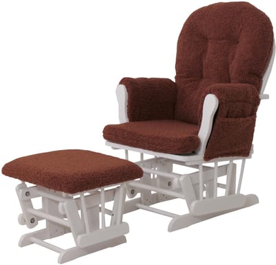 Relaxfauteuil MCW-C76, schommelstoel fauteuil + hocker stof bouclé 480g/m² Oeko-Tex ~ roestbruin frame wit
