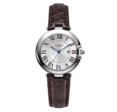 Tomi Luxe Horloge Zilver | Elegante Horloge | 34MM | Bruine Leren band | Zwarte Wijzerplaat | Dames Horloges