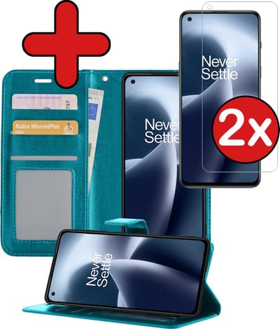 Hoesje - Met 2x Screenprotector - Geschikt voor OnePlus Nord 2T - Luxe Pasjeshouder - Flip Case - Bookcase Portemonee - Kunstleer Book Case - Flipcase Hoes - Book Cover - Walletcase - Portemonneehoes - Telefoonhoes - Turquoise