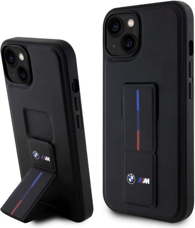 BMW M Tricolor Grip Stand Back Case - Geschikt voor Apple iPhone 15 (6.1") - Zwart
