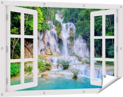 Gards Tuinposter Doorkijk Waterval in het Tropische Natuur - 120x80 cm - Tuindoek - Tuindecoratie - Wanddecoratie buiten - Tuinschilderij