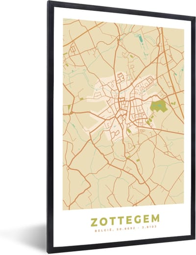 Fotolijst incl. Poster - Kaart - Retro - Plattegrond - Stadskaart - Zottegem - 40x60 cm - Posterlijst