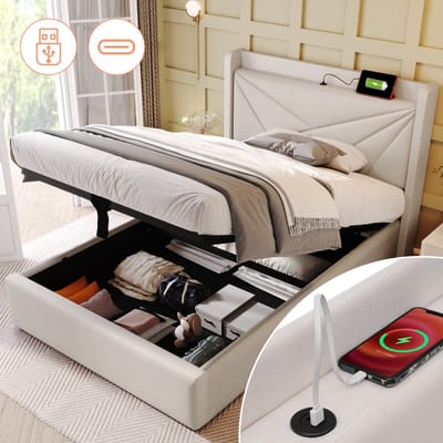 Gepolsterd eenpersoonsbed met opbergruimte onderbed en USB Type C-oplader hoofdeinde, opbergbedden bedframe van linnen materiaal jeugdbed 90x200 met lattenbodem (zonder matras) beige