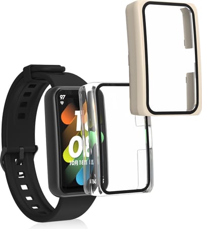 kwmobile 2x cover geschikt voor HONOR Band 7 / Band 6 / Huawei Band 7 / Band 6 - Fitnesstracker cover van gehard glas en kunststof frame set transparant / beige