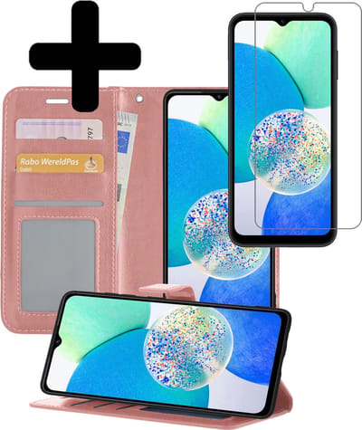 Hoesje - Met Screenprotector - Geschikt voor Samsung Galaxy A14 - Luxe Pasjeshouder - Bookcase Portemonee - Flip Case - Kunstleer Book Case - Flipcase - Book Cover - Walletcase - Portemonneehoes - Telefoonhoesjes - Rosé goud