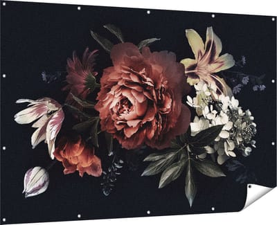 Gards Tuinposter Bloemen op een Zwart Achtergrond - 180x120 cm - Tuindoek - Tuindecoratie - Wanddecoratie buiten - Tuinschilderij