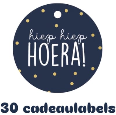 30x Cadeaulabel - hiep hiep hoera - blauw - naamkaartje - label