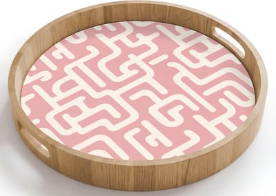 Dienblad rond 40x40 cm - Schootdienblad hout - Doolhofpatroon - Roze - Wit - Abstract - Borrelplank rechthoek - Plateau houten dienbladen