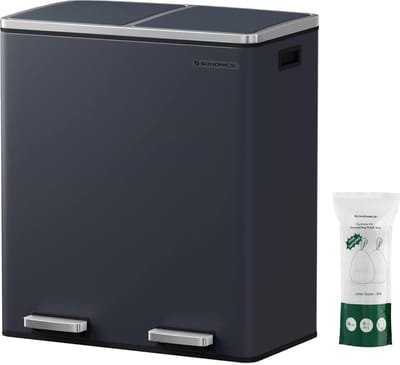 SONGMICS Afvalbak, afvalscheidingssysteem, met 2 kunststof binnenemmers, 2 x 30L pedaalemmer, afvalbak met voetpedaal, met handgrepen, grijs LTB60GS