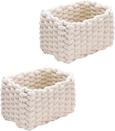 Opbergmand van Katoen, Gevlochten Mand voor Toiletpapier, Cosmetica en Speelgoed, 19 x 15 x 12 cm, Wit, Set van 2, Ideaal voor Thuisorganisatie en Decoratie