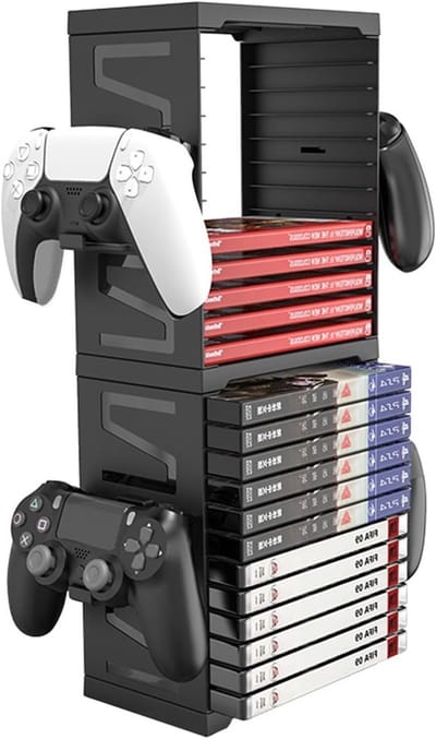 Geheugen Tower voor 24 Games met 4 Controllerhouders voor PS5, PS4, Xbox Series X en Nintendo Switch
