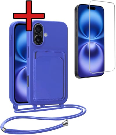 Hoesje Geschikt voor iPhone 16 Plus Hoesje Met Telefoonkoord en Pasjeshouder Met Screenprotector Siliconen - Hoes Geschikt voor iPhone 16 Plus Hoesje Met Kaarthouder Case - Felblauw