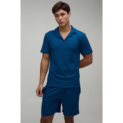 Jersey Gestructureerde Geribbelde Slim Fit Polo & Relaxed Short Set | Navy | Size XS