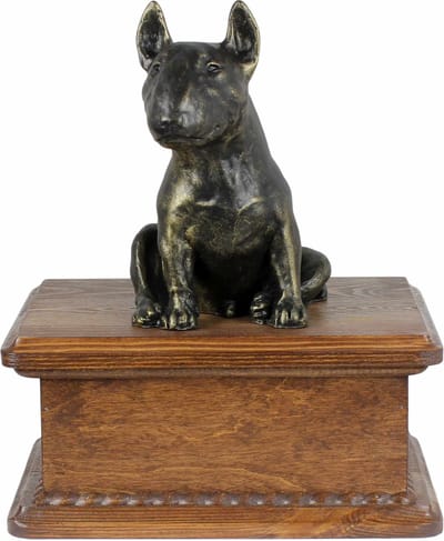 Persoonlijke houten urn voor Bull Terrier met beeldje voor hondenas.