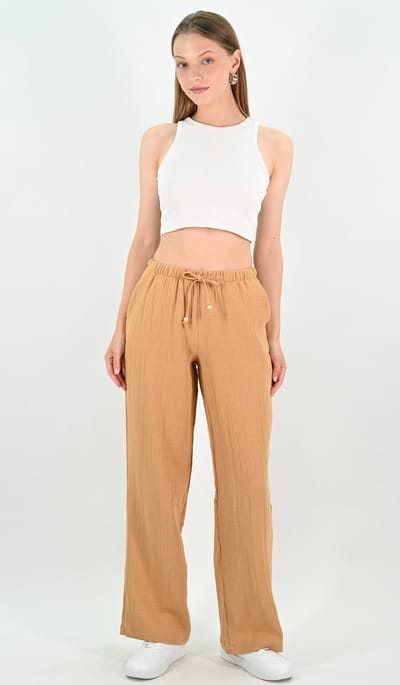 YesMooi - Katoenen Wijde Broek met Elastische Taille - Camel - L (40)