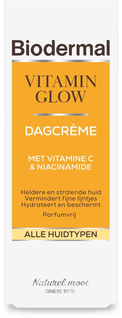 Biodermal Vitamin Glow Dagcrème, 50 ml - met Vitamine C en Niacinamide, Gezichtverzorging voor Heldere en Stralende huid, Vermindert fijne lijntjes, Hydrateert en beschermt, Parfumvrij, voor alle huidtypen