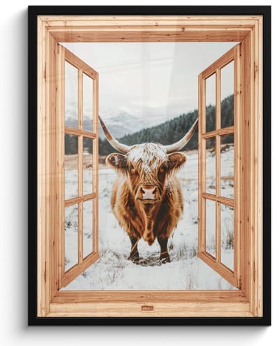 Poster in lijst - Fotolijst 50x70 cm - Posters - Schotse Hooglander - Landschap - Landelijk - Bergen - Winter - Doorkijk - Posterlijst zwart - Decoratie - Wanddecoratie woonkamer - Muurdecoratie slaapkamer
