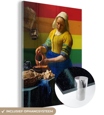 MuchoWow® Glasschilderij 30x40 cm - Schilderij acrylglas - Melkmeisje - Regenboog - Kunst - Foto op glas - Schilderijen