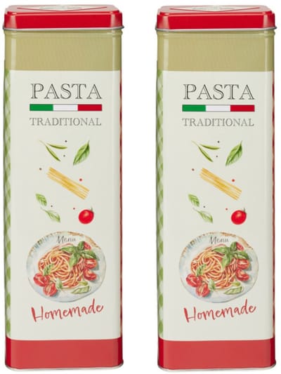 Excellent Houseware Pasta / spaghetti bewaarblik Nostagia - 2x - rood - metaal - Italiaans - 10 x 8 x 20 cm - keuken voorraadbussen