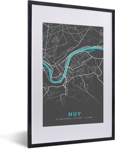 Fotolijst incl. Poster - Plattegrond – Huy – Blauw – Stadskaart - Kaart - België - 40x60 cm - Posterlijst