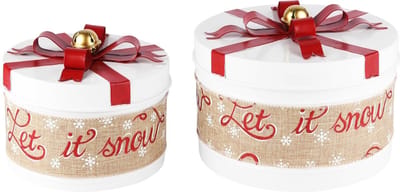 Dekoratief | Set 2 dozen rond 'Let it Snow', wit, metaal/jute, 21x21x13cm | A225737