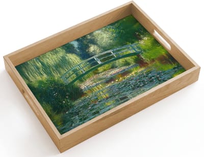 Dienblad hout 40x30 cm - Schootdienblad - Brug - Hout - Vijver - Waterlelies - Borrelplank rechthoek - Plateau dienbladen