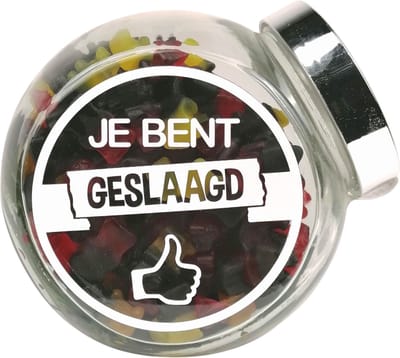 Geslaagd cadeau/diploma, Snoeppot gevuld met drop winegum duo's" Je bent geslaagd"