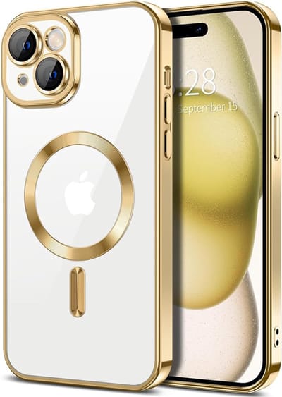 Hoesje geschikt voor Apple iPhone 15 - Techsuit Luxury Crystal Back Cover - Geschikt voor MagSafe - Transparant/Goud
