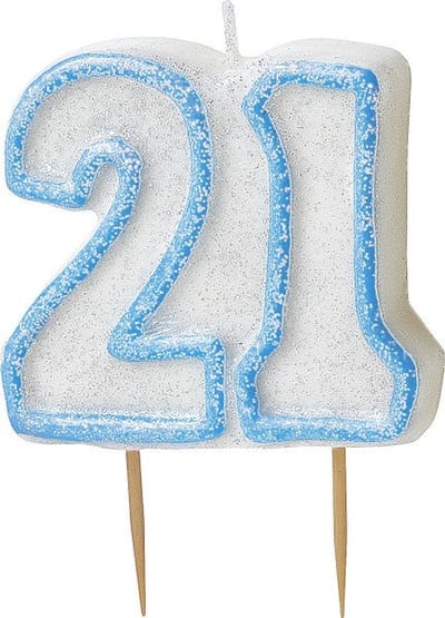 Glitterkaars voor je 21e verjaardag (kies blauw)