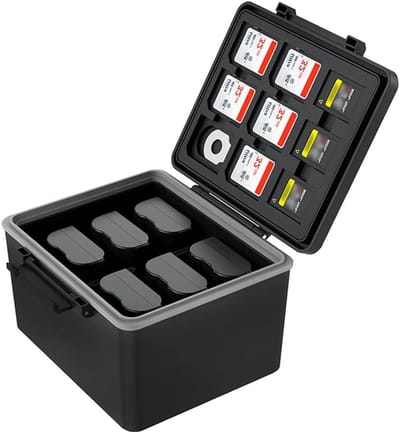 Opbergkoffer Batterij Kaart - Dubbele Opberger - Camera Accessoires - Waterdicht & Schokbestendig - 6 Batterijen 16 Kaarten - Zwart
