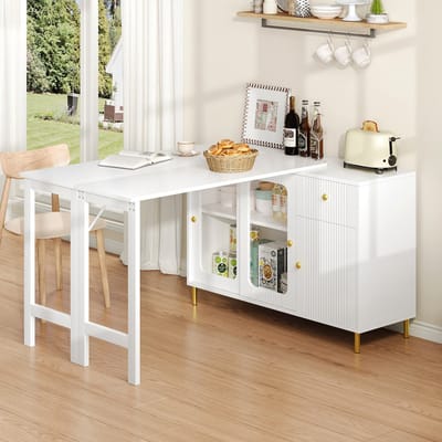 BLACKCOLORS Modern wit buffet-dressoir met opklapbaar en uitschuifbaar tafelblad, draaibaar oppervlak, gouden metalen poten, glazen schuifdeuren en golfpatroon – Perfect voor eetkamer en keuken