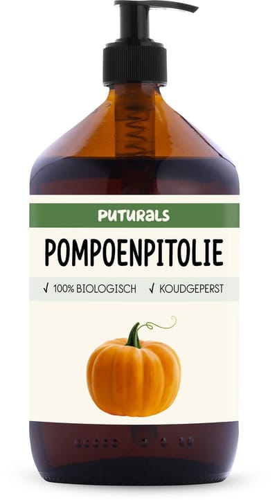 Puturals Pumpkin Seed Oil 100% Biologisch - 1000ml - Koudgeperst en Puur - Pompoenpitolie of Pompoenzaadolie voor Huid en Haar - Bruine Glazen Fles + Pomp