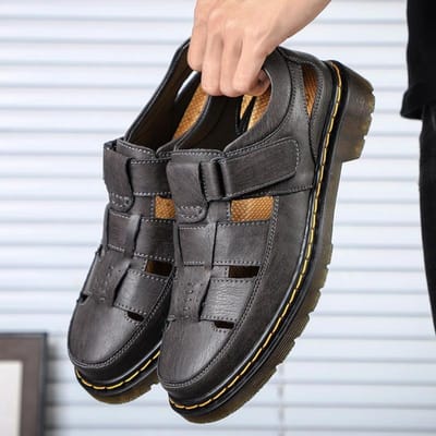 Echt Leer Heren Platform Casual Sandalen Gesloten Teen Klittenband Grote Maten Herenschoenen 43 black