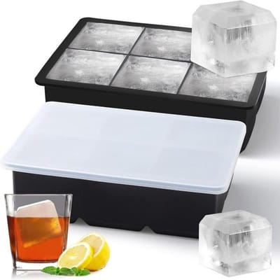 GELLDG Siliconen ijsblokjesvormen - 2 stuks - IJsblokjesvorm met 6 vakjes - met deksel - ijsblokjes van 5 cm - Extra groot (XXL) - Geschikt voor bier, cocktails en whisky - Zwart