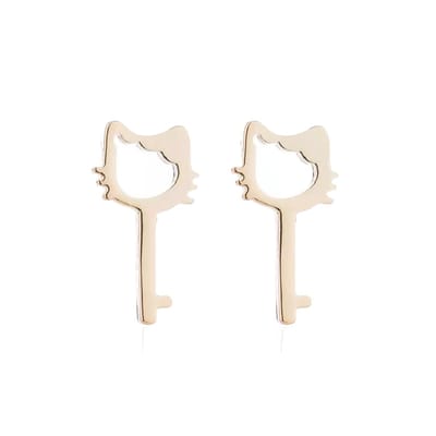 Gading® Oorknopjes - RVS dames Oorknoppen met kattenkop & sleutel- goudkleurig-11mm*5mm