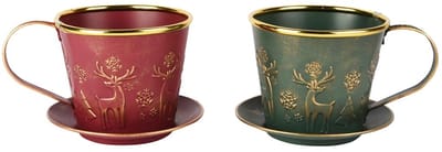 Dekoratief | Bakje theekopje 'Deer', rood/groen, metaal, 14x12x17cm, set van 2 stuks | A255572
