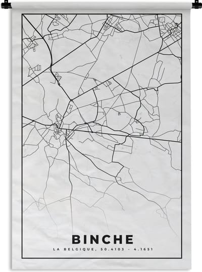 Wandkleed - Wanddoek - Plattegrond – Binche – Zwart Wit – Stadskaart - Kaart - België - 120x180 cm - Wandtapijt